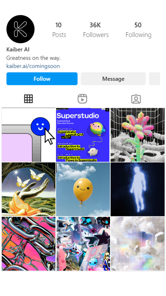 Kaiber AI Instagram profile during Superstudio creative-platform launch