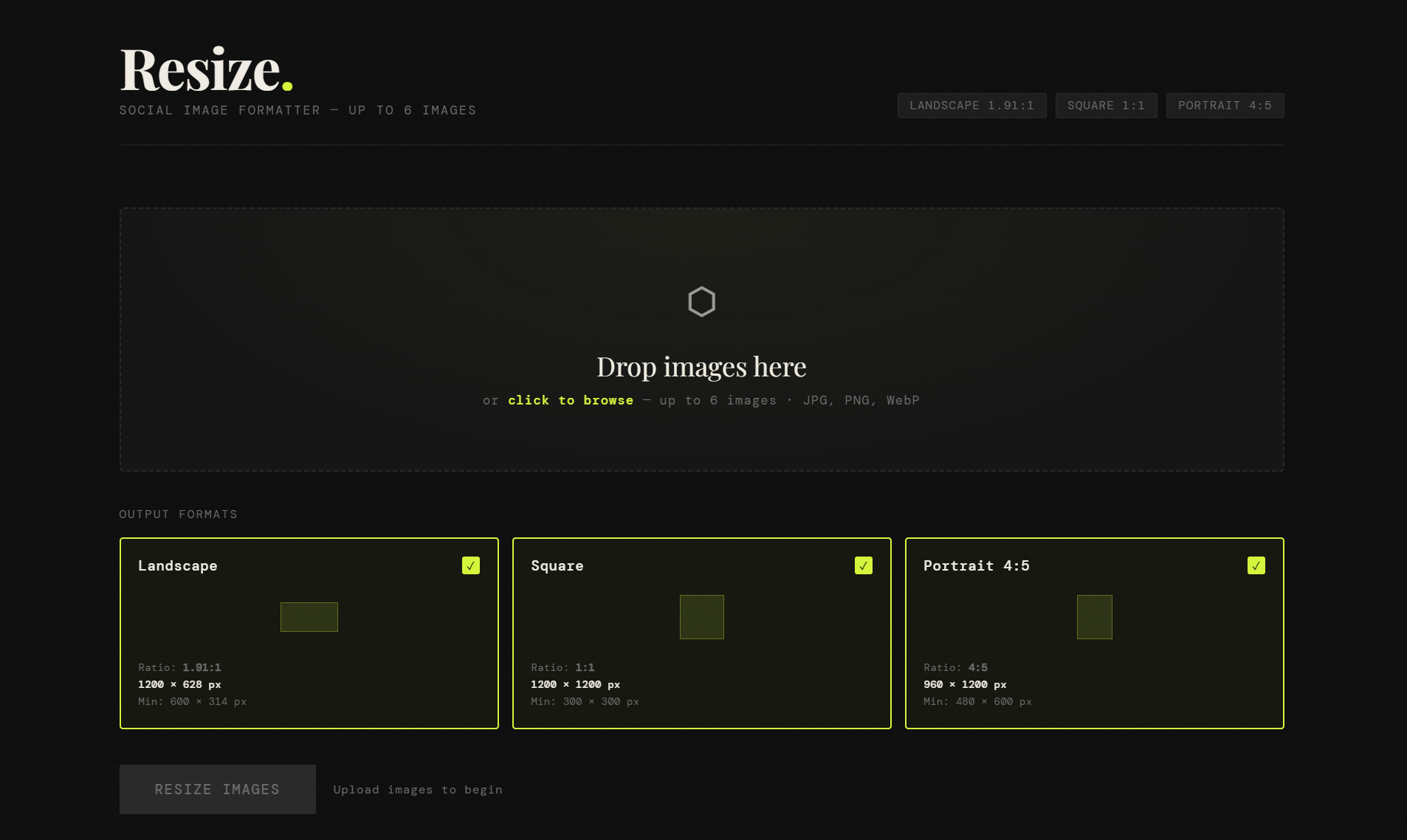 HTML-based image resizing tool — interface