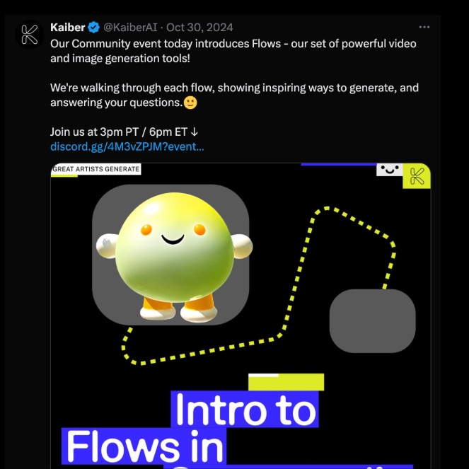 Kaiber tweet: community event introducing Flows generation tools